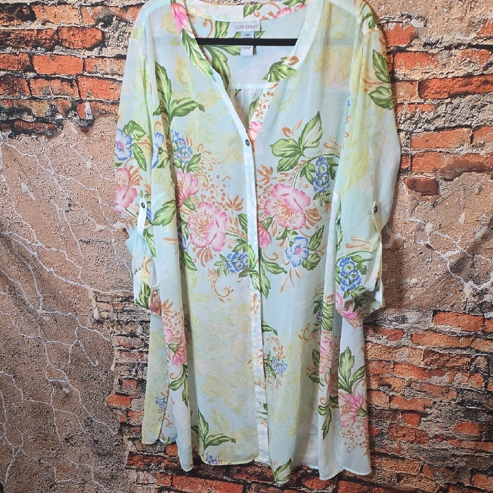 Catherines Sheer Pastel Floral Tunic / Coverup, Sz 3X